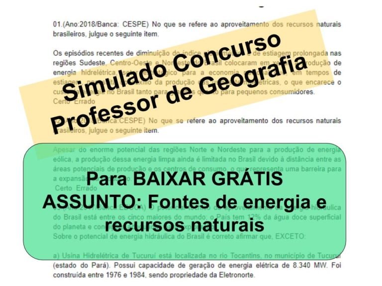 Simulado sobre Fontes de energia e recursos naturais Concurso Professor de Geografia