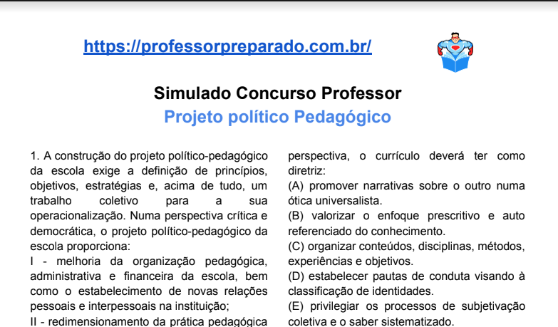 Simulado sobre Projeto Político Pedagógico – PPP