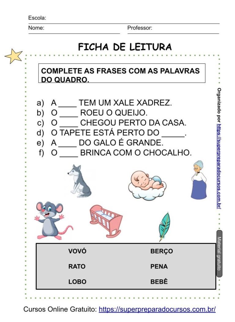 Ficha de leitura- completar palavras nas frases - Simulados e Questões