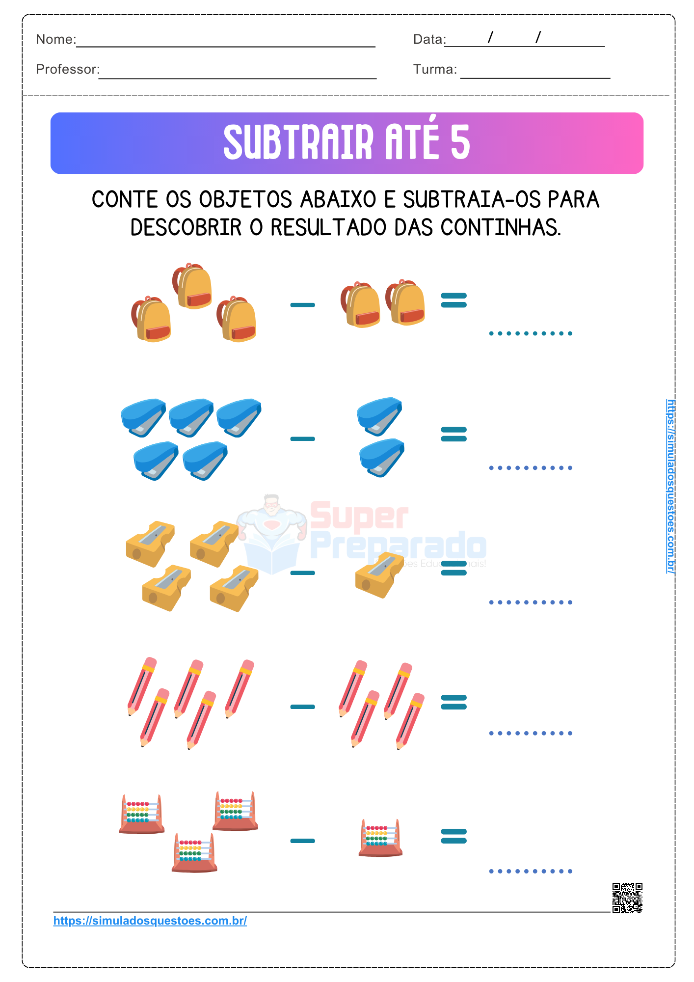 48 Atividades De Subtrair Até 5 Para Educação Infantil E 1º Ano Ef MatemÁtica Simulados E 5462